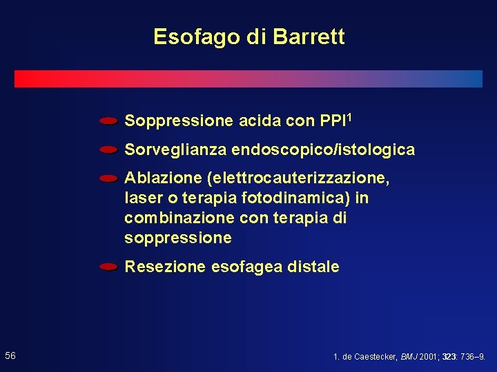 Esofago di Barrett Soppressione acida con PPI 1 Sorveglianza endoscopico/istologica Ablazione (elettrocauterizzazione, laser o