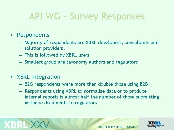 API WG - Survey Responses • Respondents – Majority of respondents are XBRL developers,