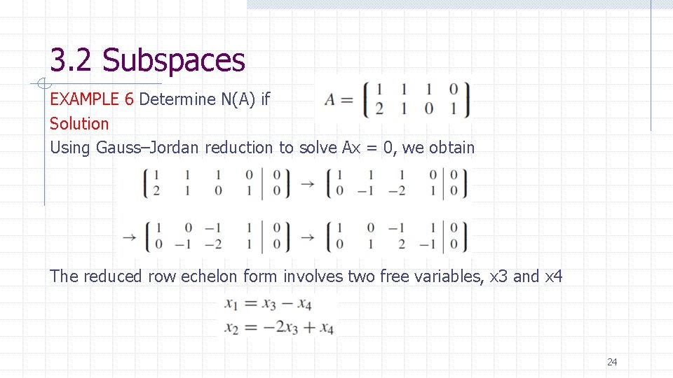 3. 2 Subspaces EXAMPLE 6 Determine N(A) if Solution Using Gauss–Jordan reduction to solve