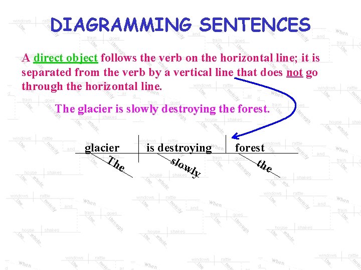 DIAGRAMMING SENTENCES A direct object follows the verb on the horizontal line; it is