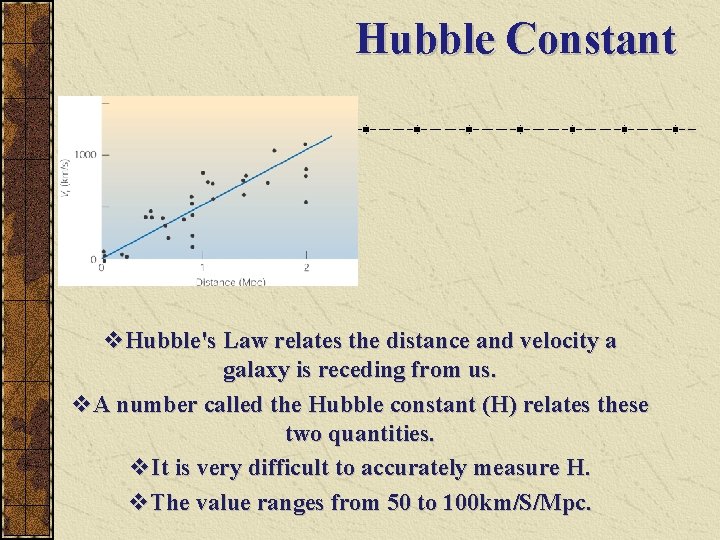Hubble Constant v. Hubble's Law relates the distance and velocity a galaxy is receding