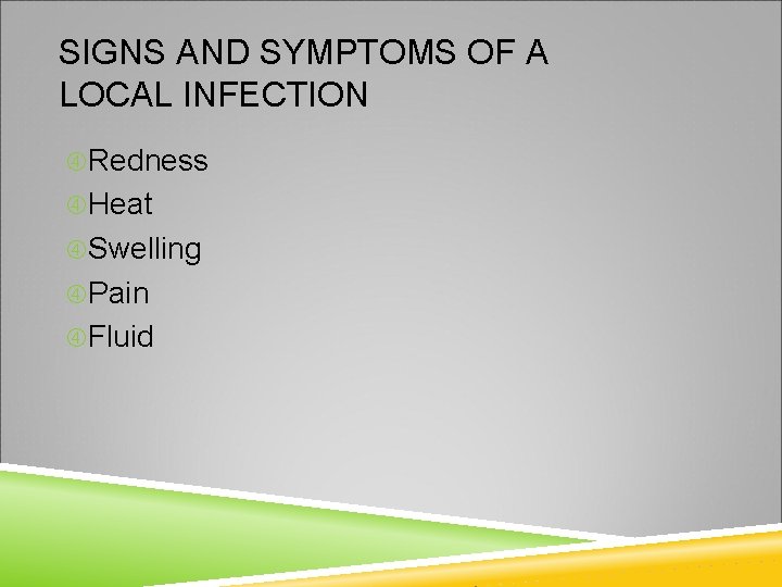SIGNS AND SYMPTOMS OF A LOCAL INFECTION Redness Heat Swelling Pain Fluid Copyright ©