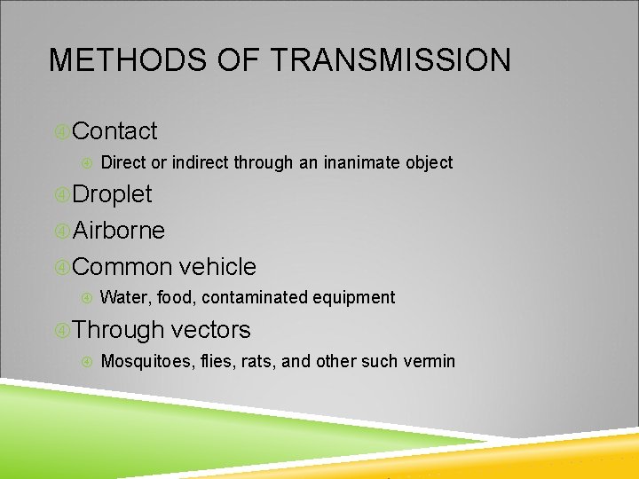 METHODS OF TRANSMISSION Contact Direct or indirect through an inanimate object Droplet Airborne Common