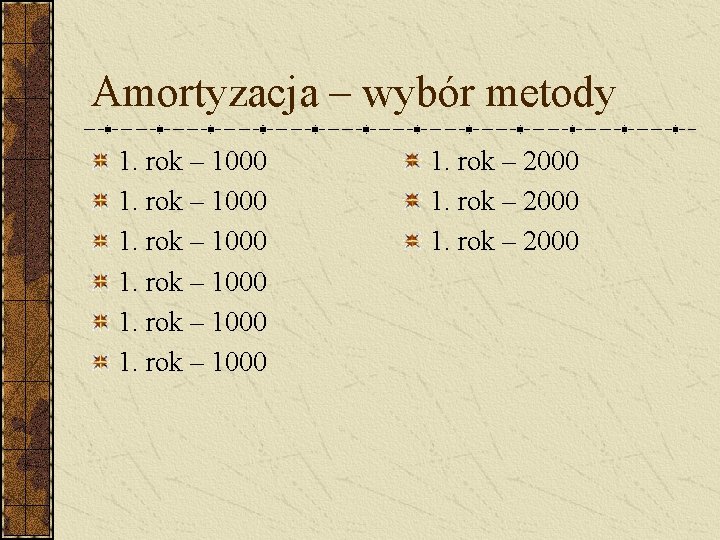 Amortyzacja – wybór metody 1. rok – 1000 1. rok – 2000 