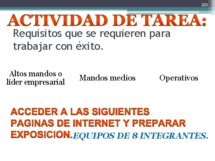 20 Requisitos que se requieren para trabajar con éxito. Altos mandos o líder empresarial