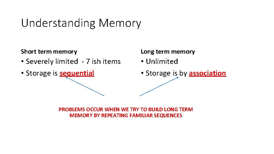 Understanding Memory Short term memory Long term memory • Severely limited - 7 ish
