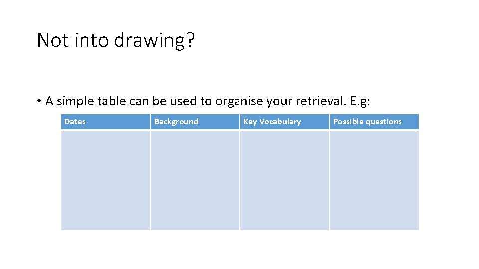 Not into drawing? • A simple table can be used to organise your retrieval.
