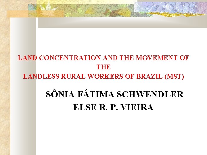 LAND CONCENTRATION AND THE MOVEMENT OF THE LANDLESS RURAL WORKERS OF BRAZIL (MST) SÔNIA