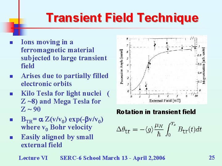 Transient Field Technique n n n Ions moving in a ferromagnetic material subjected to