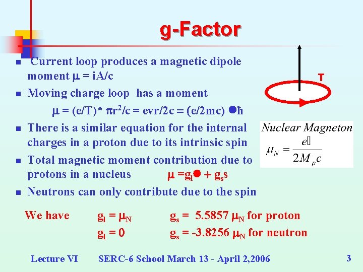 g-Factor n n n Current loop produces a magnetic dipole moment m = i.