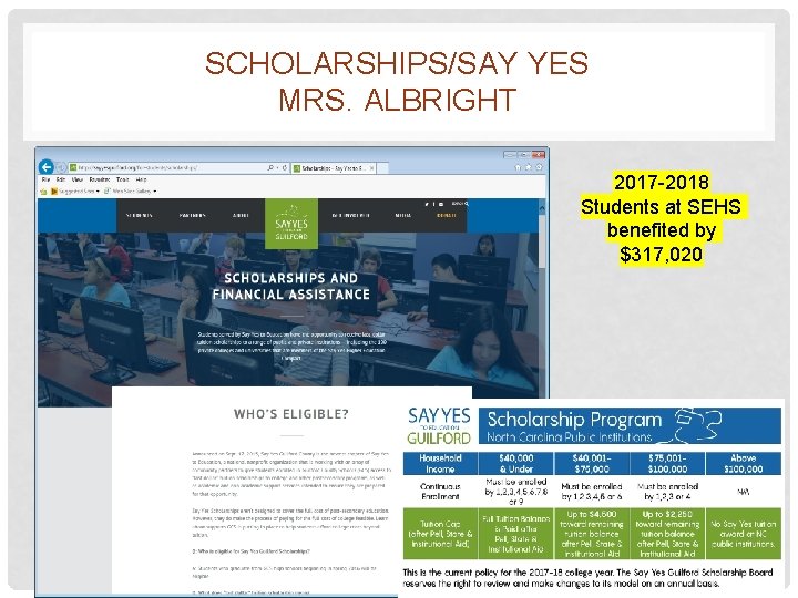 SCHOLARSHIPS/SAY YES MRS. ALBRIGHT 2017 -2018 Students at SEHS benefited by $317, 020 