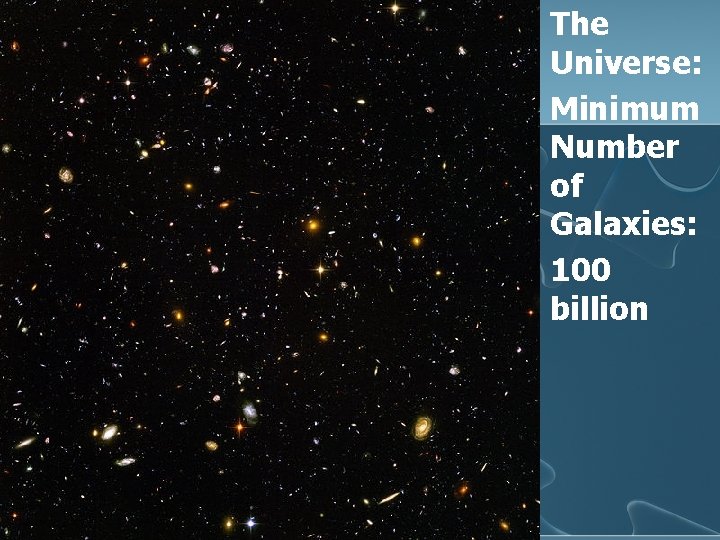 The Universe: l Minimum Number of Galaxies: l 100 billion l Eternal life 