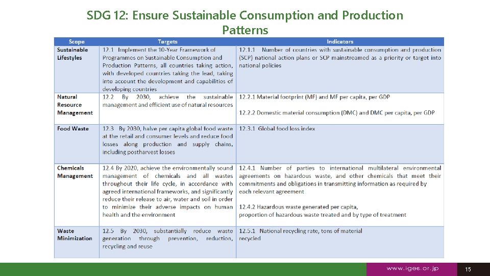 SDG 12: Ensure Sustainable Consumption and Production Patterns 15 15 