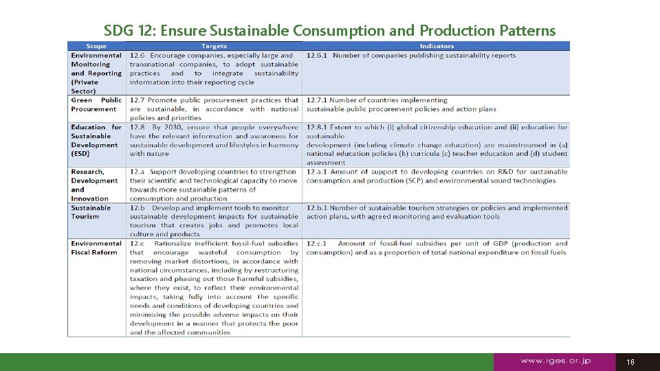 SDG 12: Ensure Sustainable Consumption and Production Patterns 16 16 