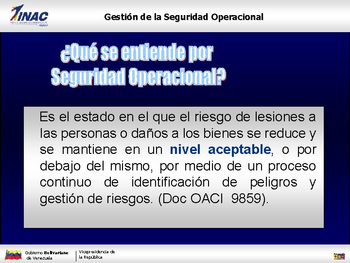 Gestión de la Seguridad Operacional Es el estado en el que el riesgo de