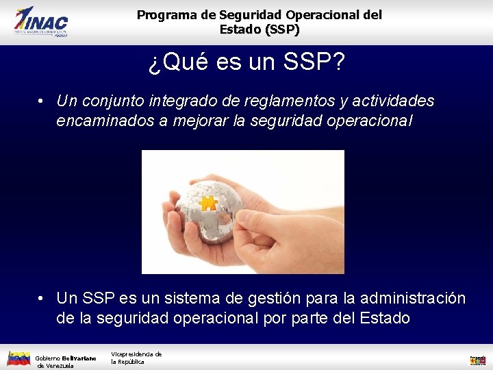 Programa de Seguridad Operacional del Estado (SSP) ¿Qué es un SSP? • Un conjunto