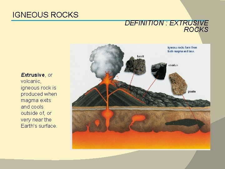 IGNEOUS ROCKS DEFINITION : EXTRUSIVE ROCKS Extrusive, or volcanic, igneous rock is produced when