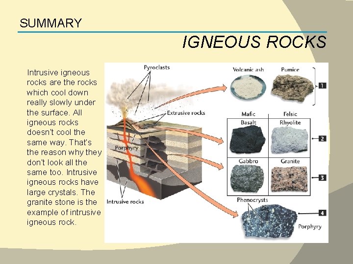 SUMMARY IGNEOUS ROCKS Intrusive igneous rocks are the rocks which cool down really slowly