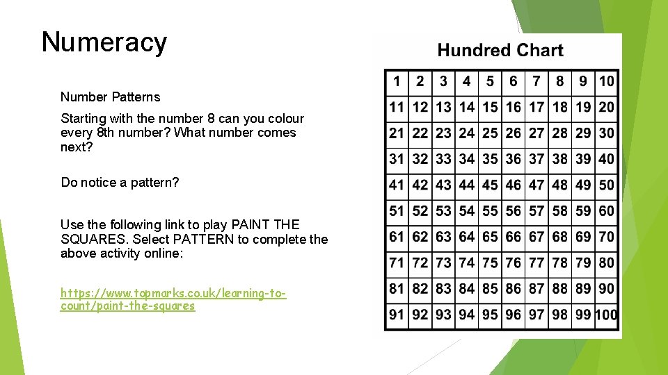 Numeracy Number Patterns Starting with the number 8 can you colour every 8 th