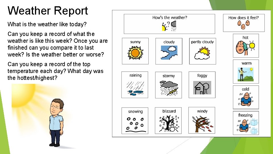 Weather Report What is the weather like today? Can you keep a record of
