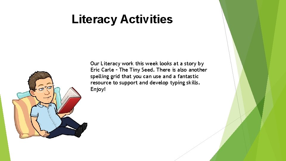 Literacy Activities Our Literacy work this week looks at a story by Eric Carle