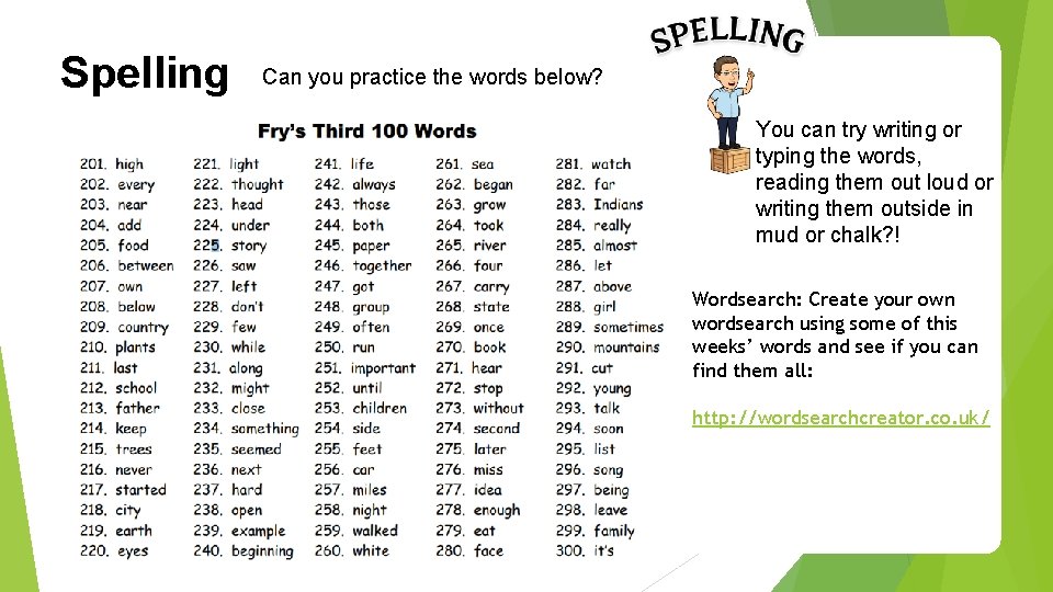Spelling Can you practice the words below? You can try writing or typing the