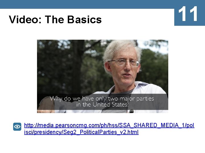 Video: The Basics 11 http: //media. pearsoncmg. com/ph/hss/SSA_SHARED_MEDIA_1/pol isci/presidency/Seg 2_Political. Parties_v 2. html 