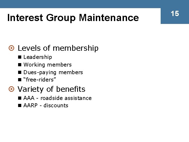Interest Group Maintenance ¤ Levels of membership n n Leadership Working members Dues-paying members