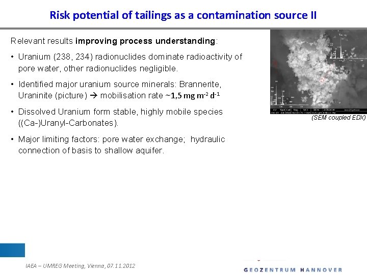 Risk potential of tailings as a contamination source II Relevant results improving process understanding: