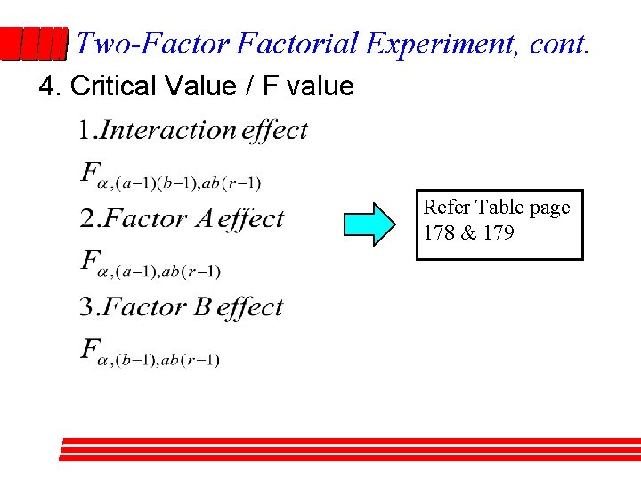 Two-Factorial Experiment, cont. 4. Critical Value / F value Refer Table page 178 & Two-Factorial Experiment, cont. 4. Critical Value / F value Refer Table page 178 &