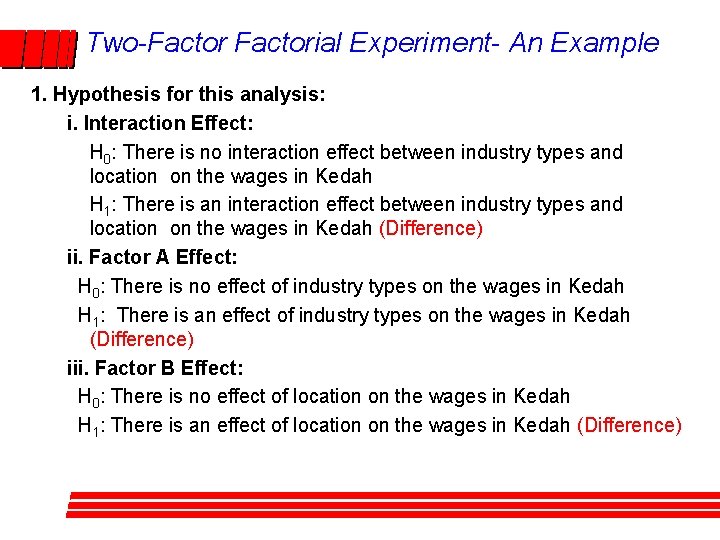 Two-Factorial Experiment- An Example 1. Hypothesis for this analysis: i. Interaction Effect: H 0: Two-Factorial Experiment- An Example 1. Hypothesis for this analysis: i. Interaction Effect: H 0: