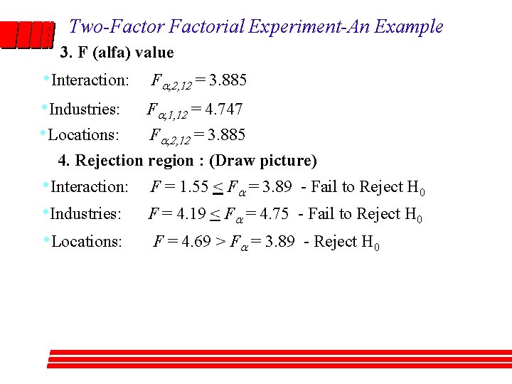 Two-Factorial Experiment-An Example 3. F (alfa) value • Interaction: • Industries: • Locations: Fa, Two-Factorial Experiment-An Example 3. F (alfa) value • Interaction: • Industries: • Locations: Fa,