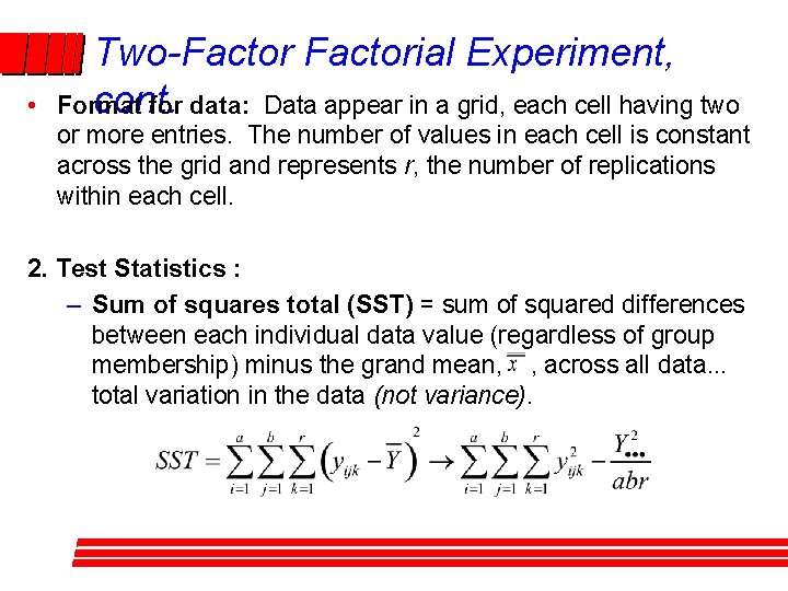 • Two-Factorial Experiment, cont. Format for data: Data appear in a grid, each • Two-Factorial Experiment, cont. Format for data: Data appear in a grid, each