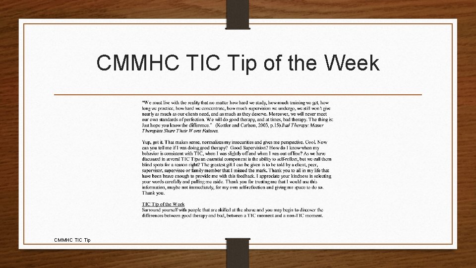 CMMHC TIC Tip of the Week CMMHC TIC Tip 