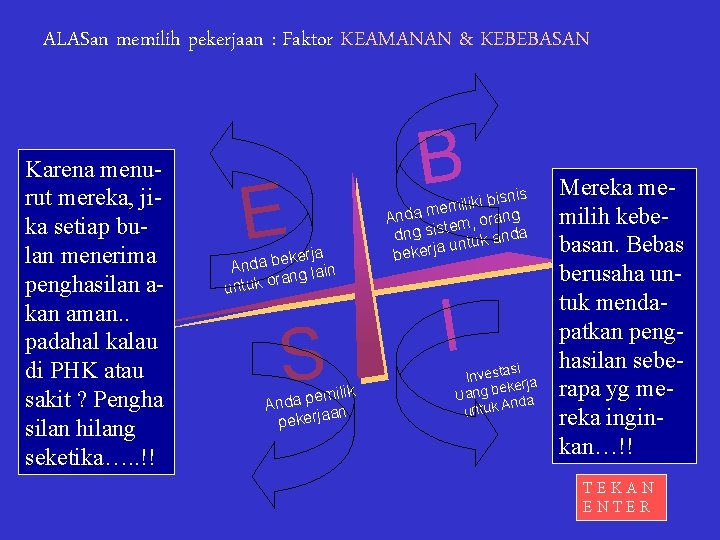 ALASan memilih pekerjaan : Faktor KEAMANAN & KEBEBASAN Karena menurut mereka, jika setiap bulan