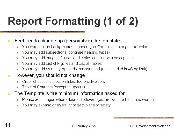 Report Formatting (1 of 2) n Feel free to change up (personalize) the template