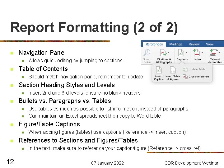 Report Formatting (2 of 2) n Navigation Pane n n Table of Contents n