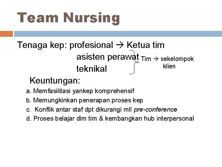 Team Nursing Tenaga kep: profesional Ketua tim asisten perawat Tim sekelompok klien teknikal Keuntungan: