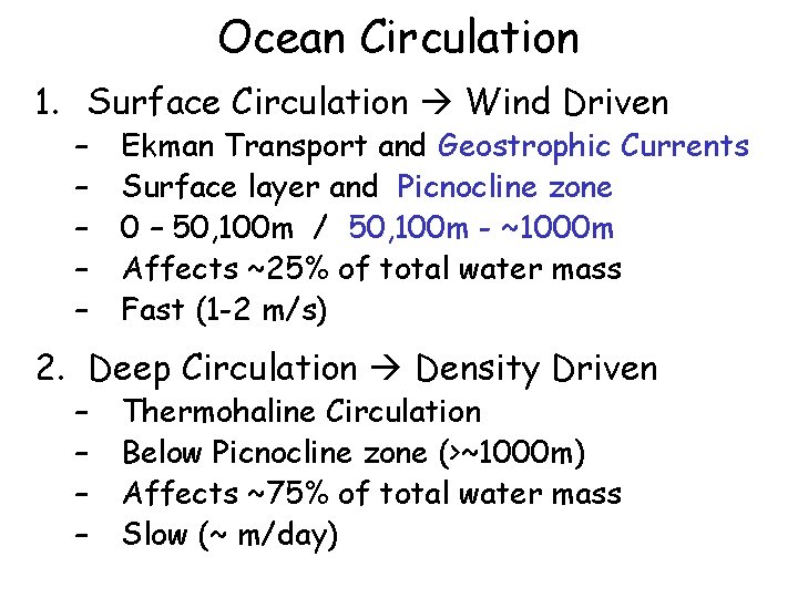 Ocean Circulation 1. Surface Circulation Wind Driven – – – Ekman Transport and Geostrophic