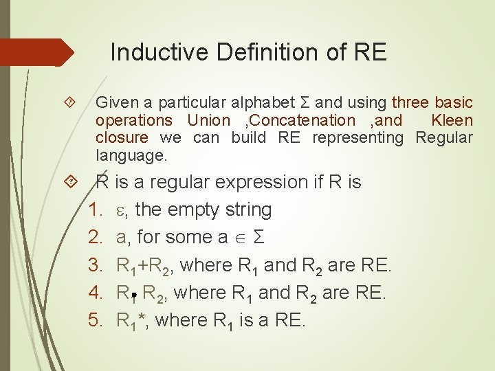 Inductive Definition of RE Given a particular alphabet Σ and using three basic operations