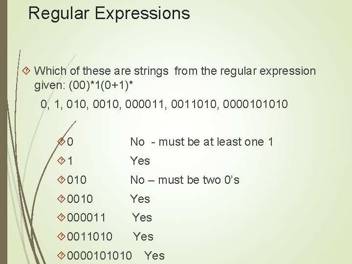 Regular Expressions Which of these are strings from the regular expression given: (00)*1(0+1)* 0,