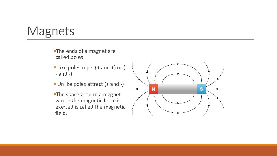 Magnets §The ends of a magnet are called poles § Like poles repel (+