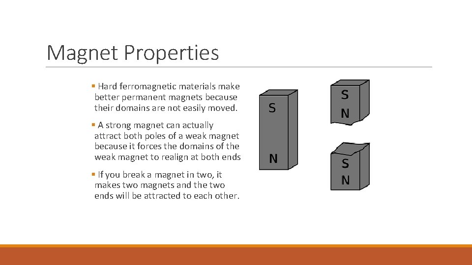 Magnet Properties § Hard ferromagnetic materials make better permanent magnets because their domains are