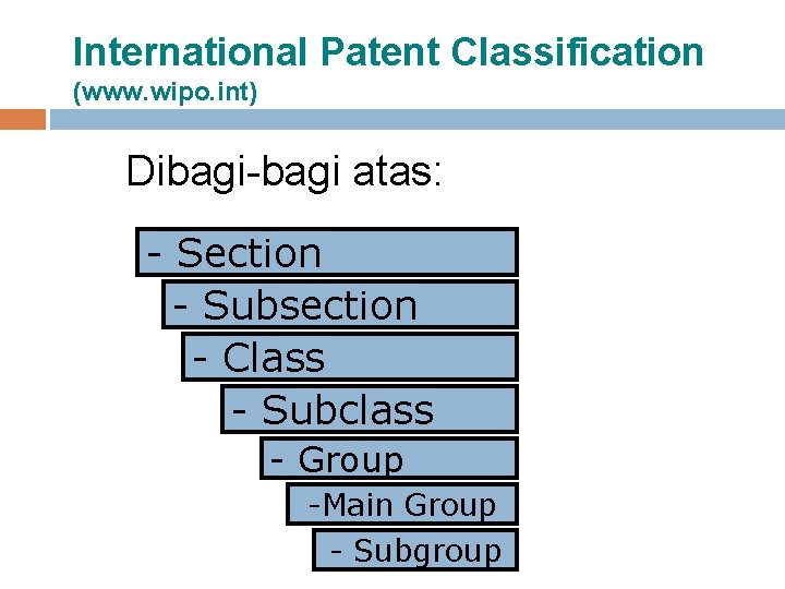 International Patent Classification (www. wipo. int) Dibagi-bagi atas: - Section - Subsection - Class