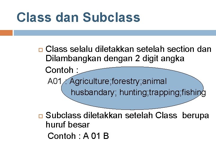 Class dan Subclass Class selalu diletakkan setelah section dan Dilambangkan dengan 2 digit angka