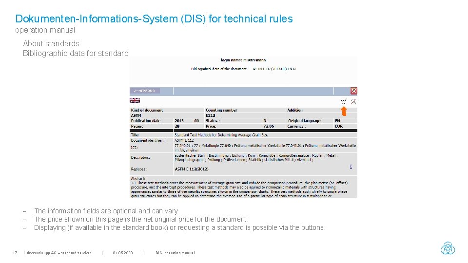Dokumenten-Informations-System (DIS) for technical rules operation manual About standards Bibliographic data for standard -
