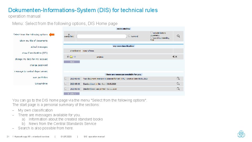 Dokumenten-Informations-System (DIS) for technical rules operation manual Menu: Select from the following options, DIS