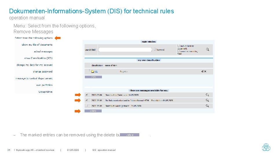 Dokumenten-Informations-System (DIS) for technical rules operation manual Menu: Select from the following options, Remove