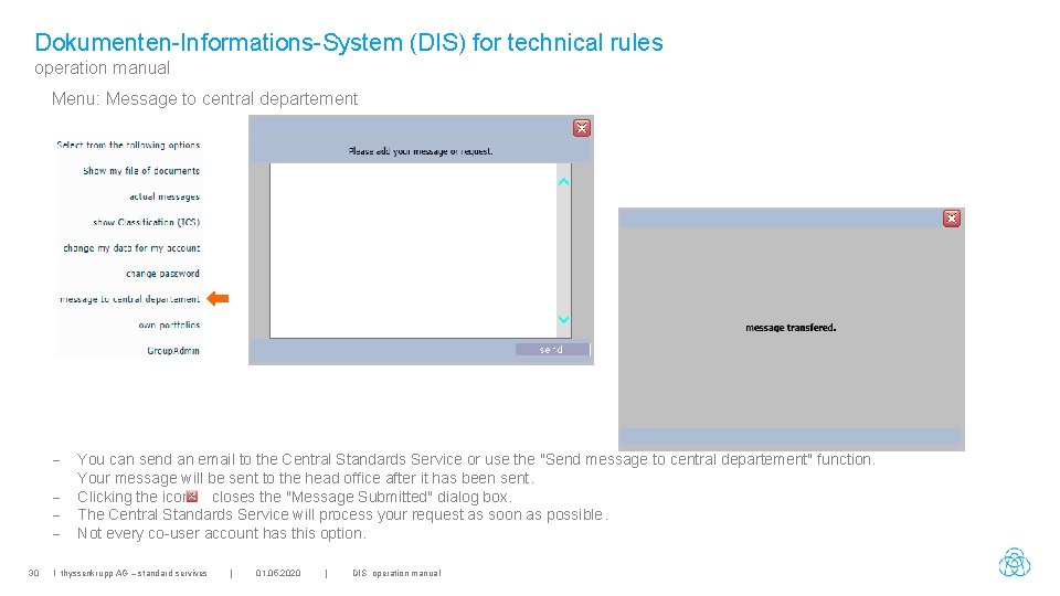 Dokumenten-Informations-System (DIS) for technical rules operation manual Menu: Message to central departement 30 You