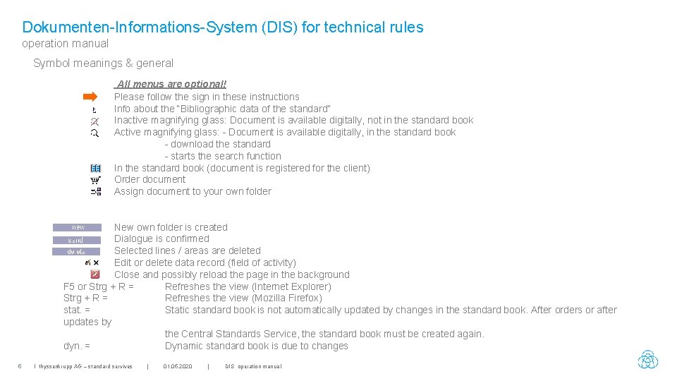 Dokumenten-Informations-System (DIS) for technical rules operation manual Symbol meanings & general All menus are